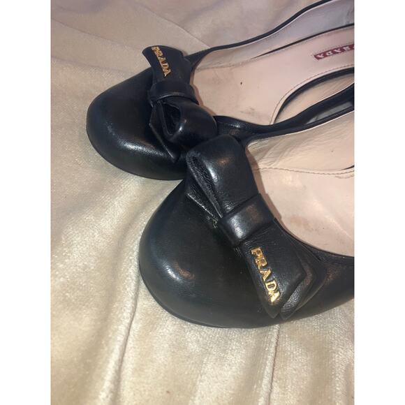 PRADA Bow Front Shoes w Chunky Block Heel Napa Leather Black 39.5 9.5 Gold Logo - Picture 4 of 12